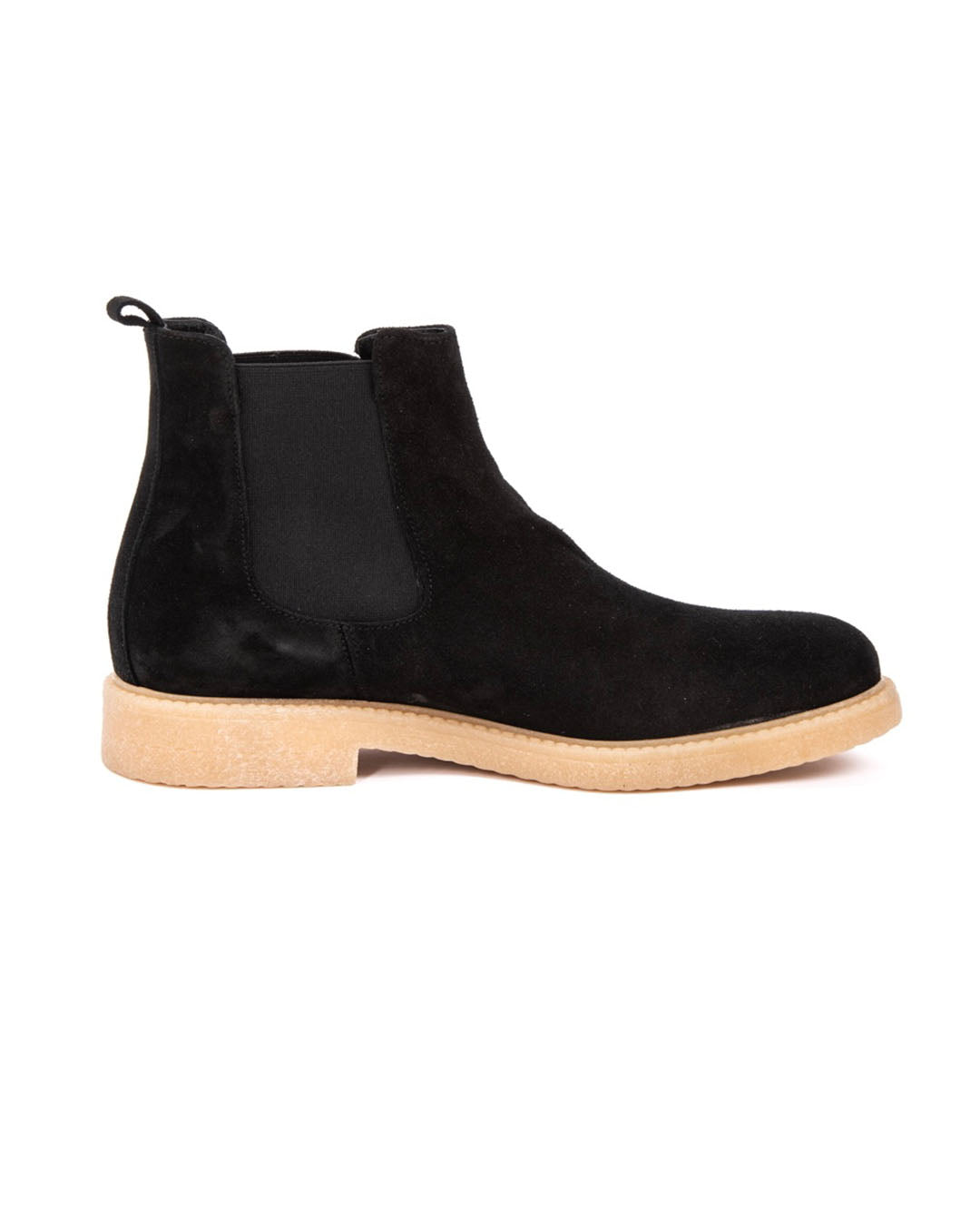 Black suede Chelsea boot with elastic side panel and light tan rubber sole.