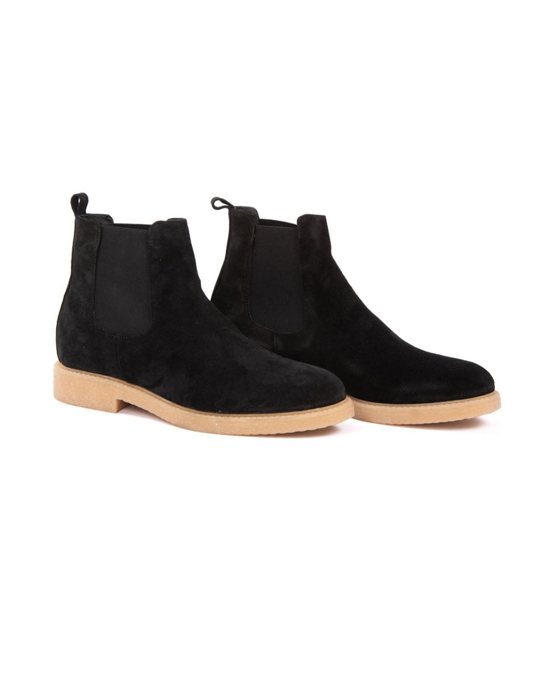 Black suede Chelsea boots with elastic side panels and light tan rubber sole. Men's ankle booties.
