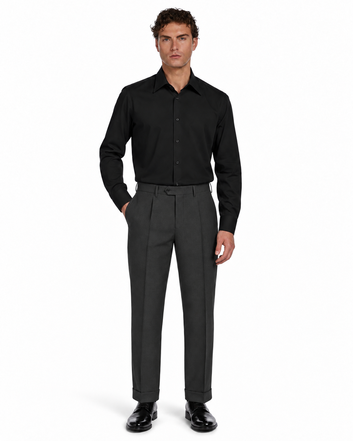 Men's black dress shirt paired with tailored gray trousers, featuring a modern fit and premium cotton blend.