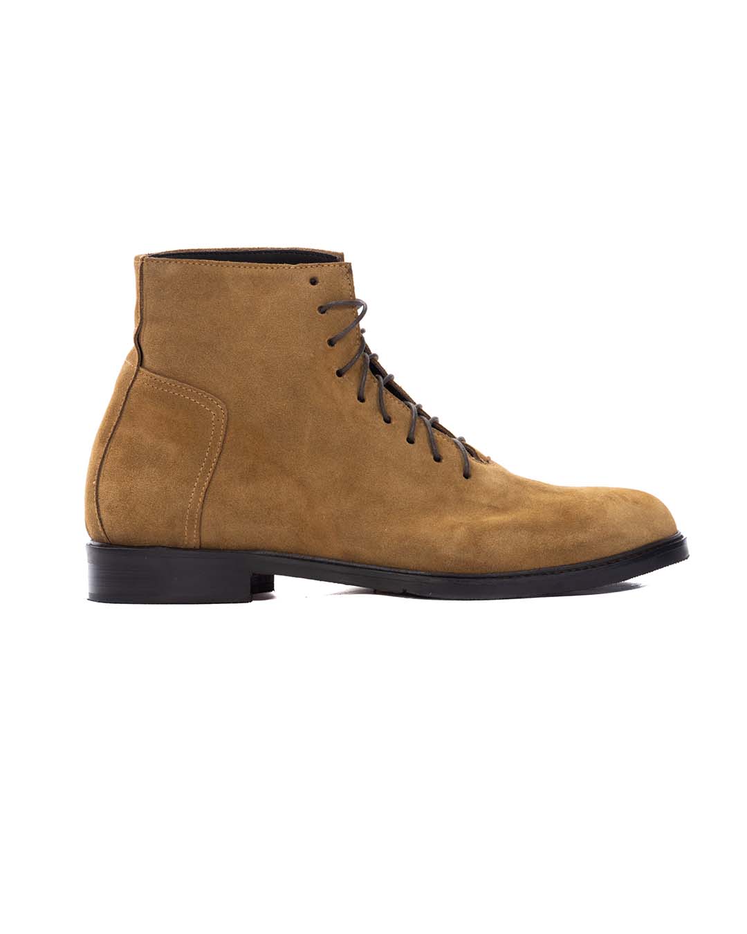 Tan suede lace-up ankle boot with black sole, minimalist design, side view on white background.