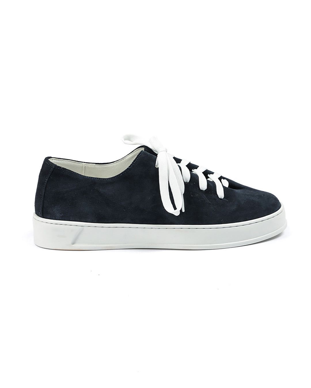 Black suede low-top sneaker with white laces and white rubber sole, casual lace-up shoe