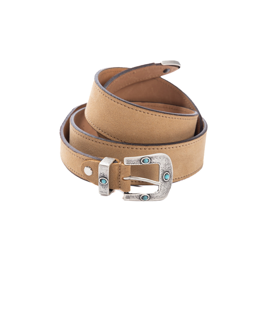 Tan suede leather belt with silver-toned turquoise stone buckle, western cowboy style for men and women