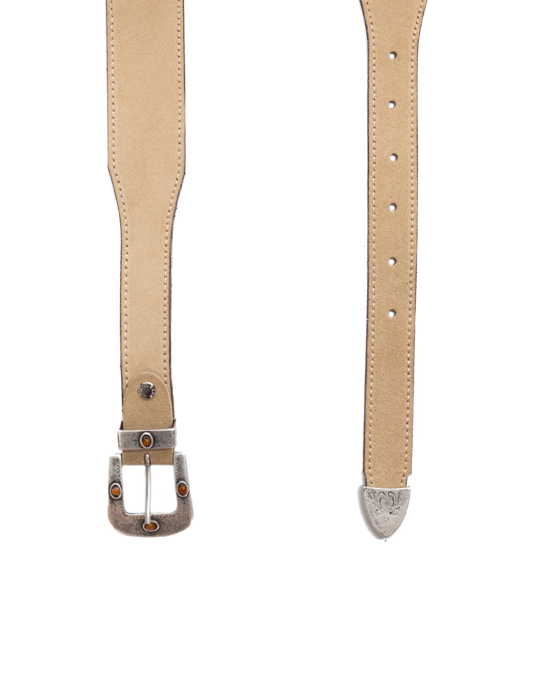 Tan suede leather belt with silver-toned metal buckle, decorative tip, and adjustable holes. Western style accessory.