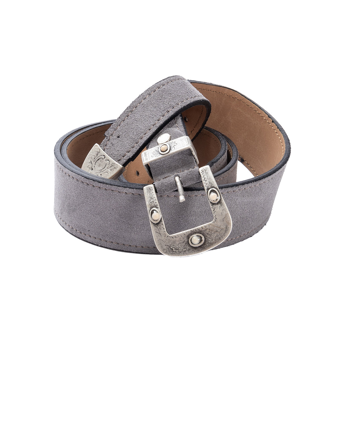 Gray suede leather belt with vintage silver engraved buckle, western style, tan interior lining.