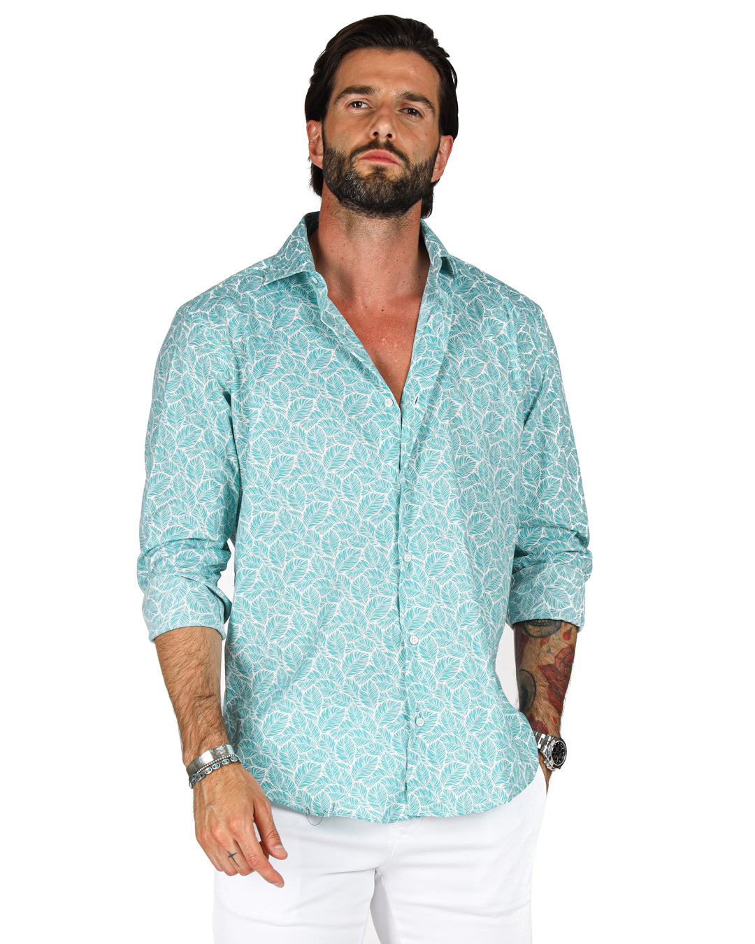 Mint green floral patterned men's shirt in lightweight fabric, perfect for casual or beachwear occasions.