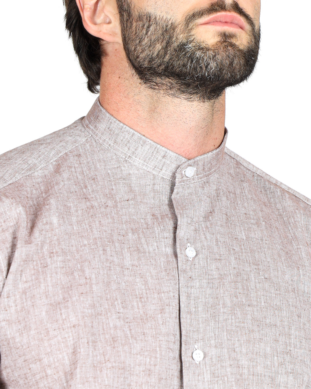 Men's lightweight mauve linen blend shirt, featuring a mandarin collar and button closure, perfect for casual wear.