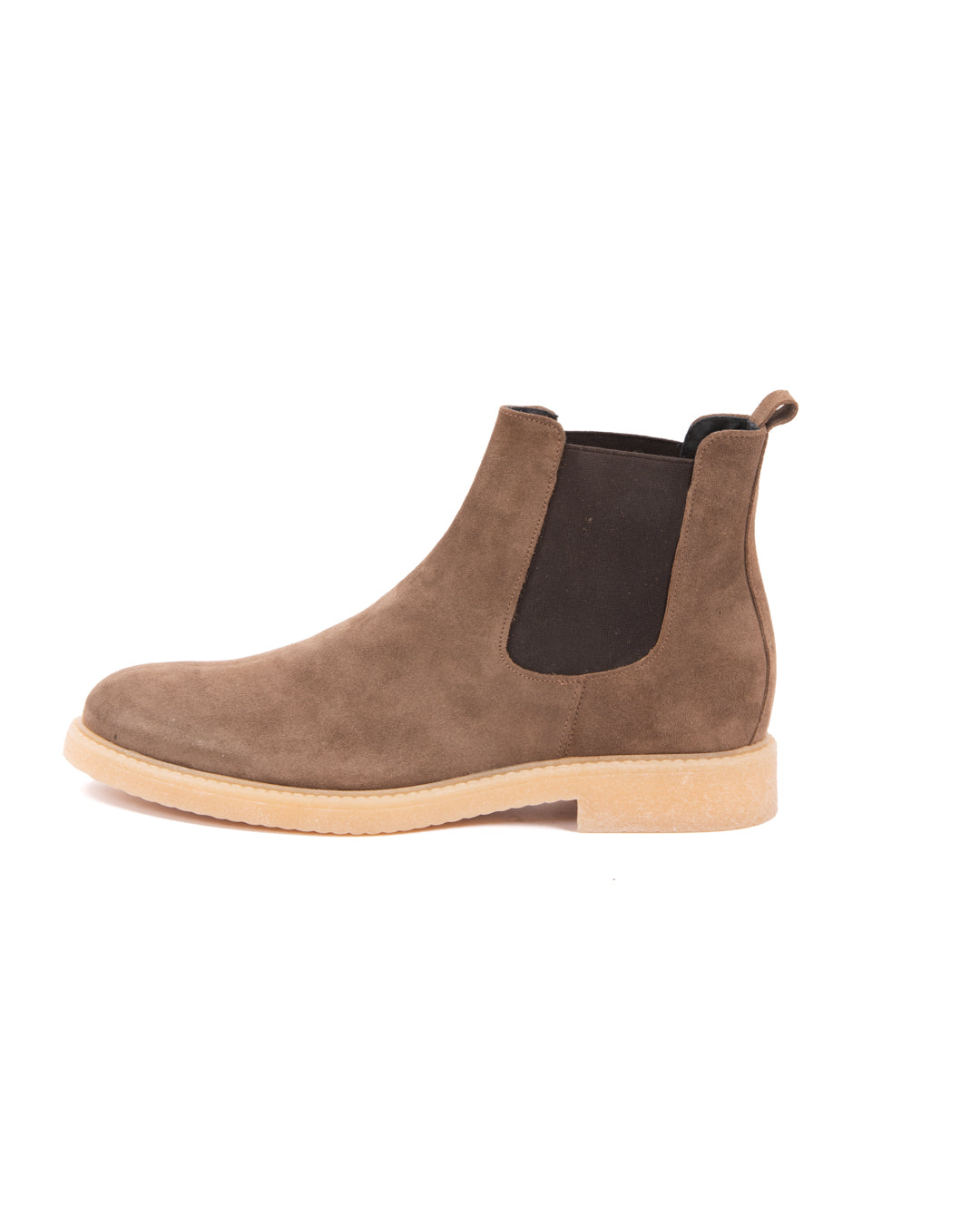 Brown suede chelsea boots with elastic side panels and a textured rubber sole for casual style.