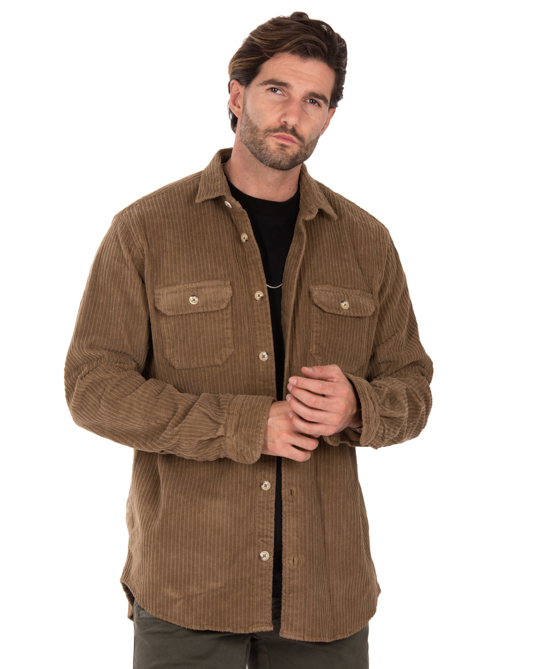 Brown corduroy shirt jacket with two chest pockets, casual style, perfect for layering in cool weather.