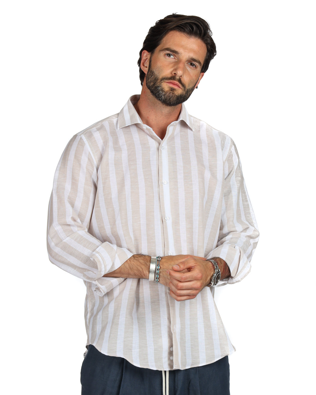Light beige striped linen shirt for men, featuring long sleeves and a classic collar. Perfect for casual summer wear.