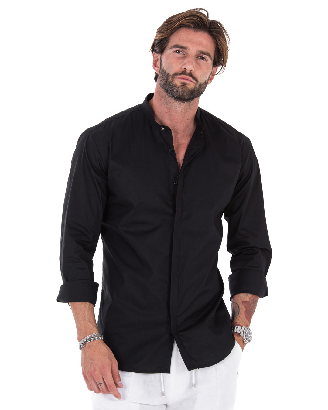Men's black slim-fit shirt with mandarin collar and hidden placket, shown in full front view on a model