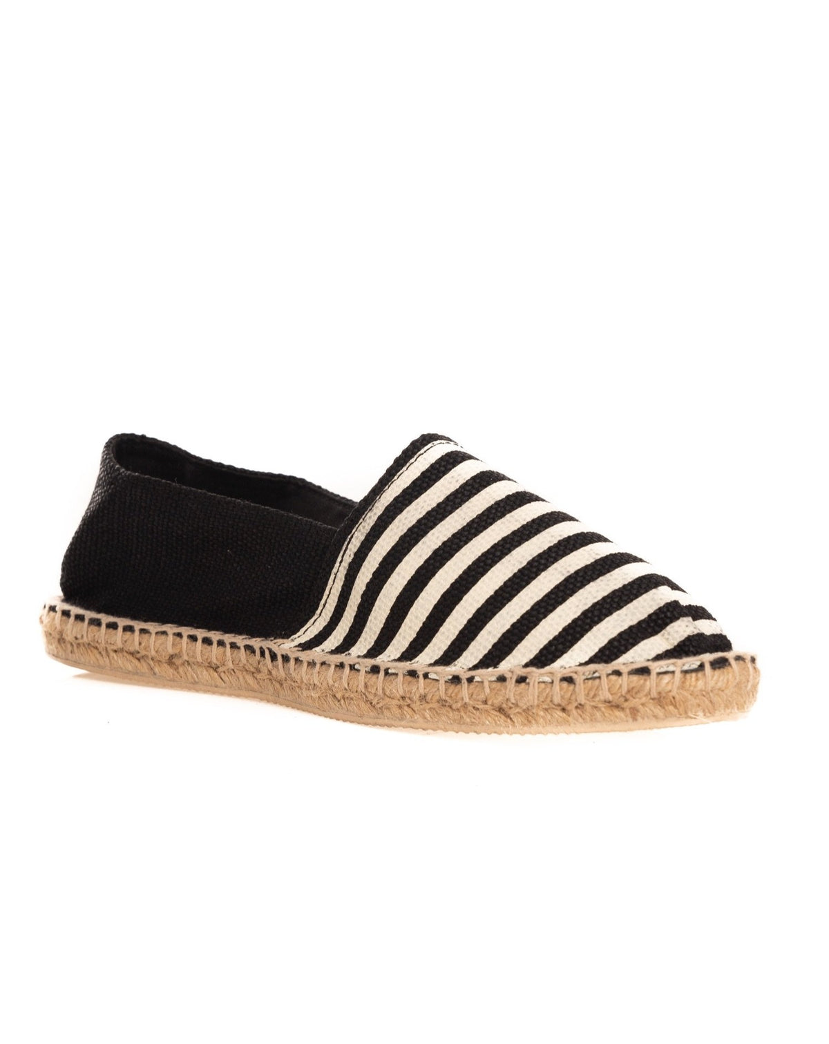 Black and white striped canvas espadrille slip-on shoe with jute sole
