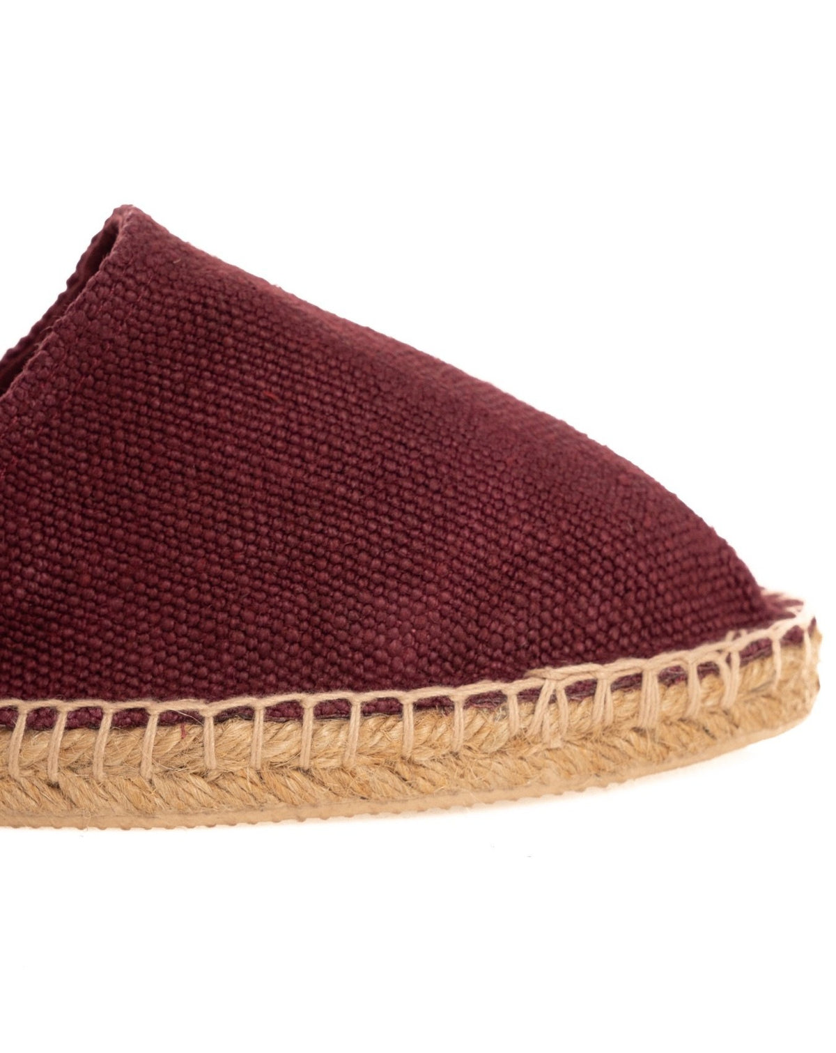 Burgundy canvas espadrille slipper with natural jute rope sole and hand-stitched detail