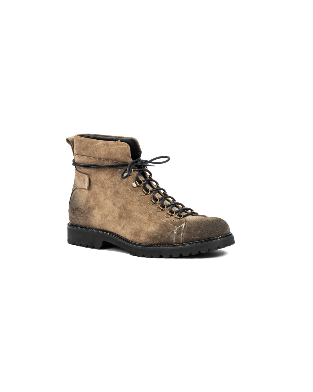 Brown suede leather hiking boot with black laces, metal eyelets, and rugged sole.