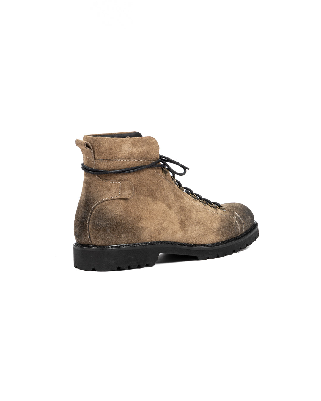 Brown suede lace-up ankle boot with black rubber sole and distressed finish.