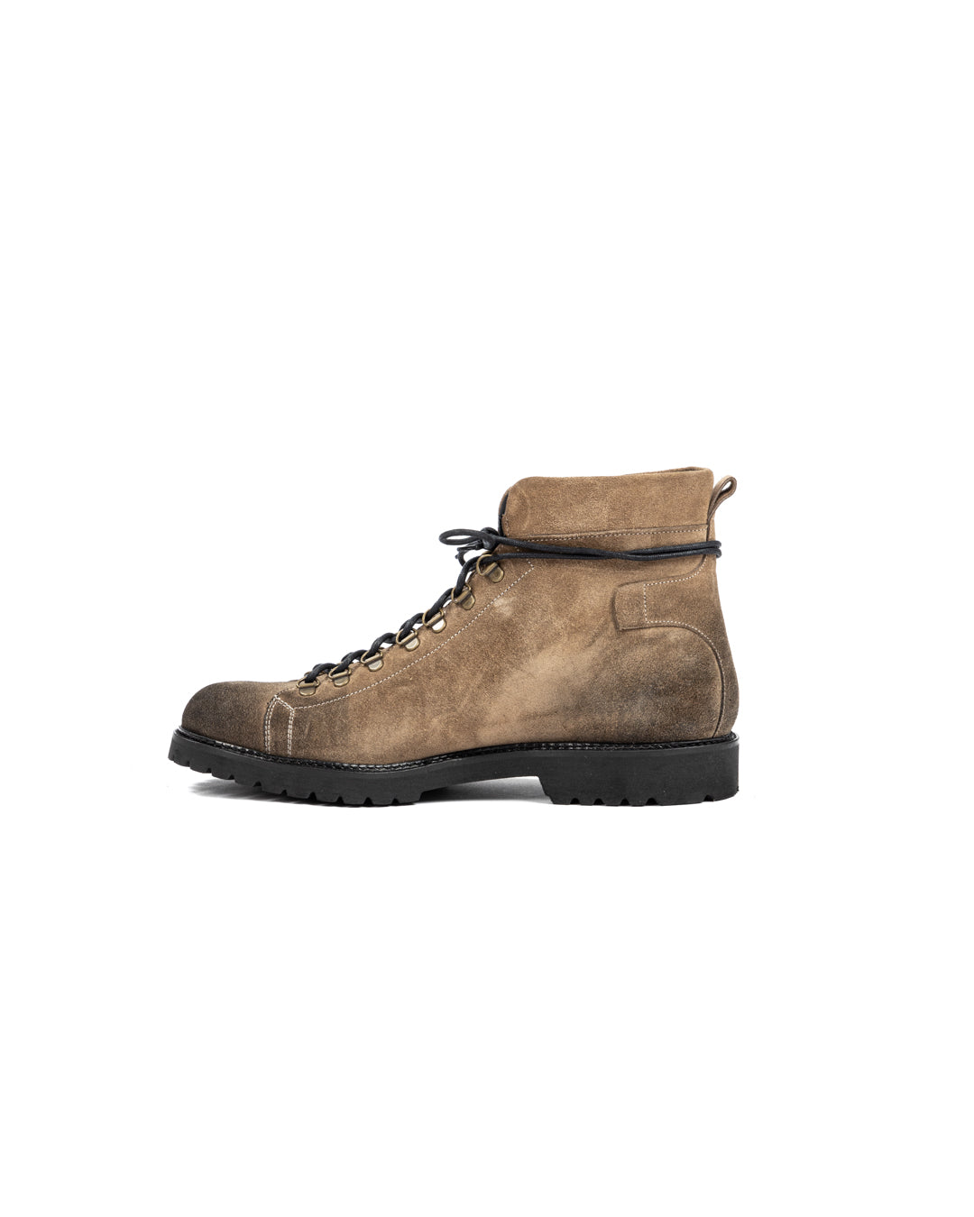 Brown suede hiking boot with black laces, metal eyelets, and rugged black rubber sole.