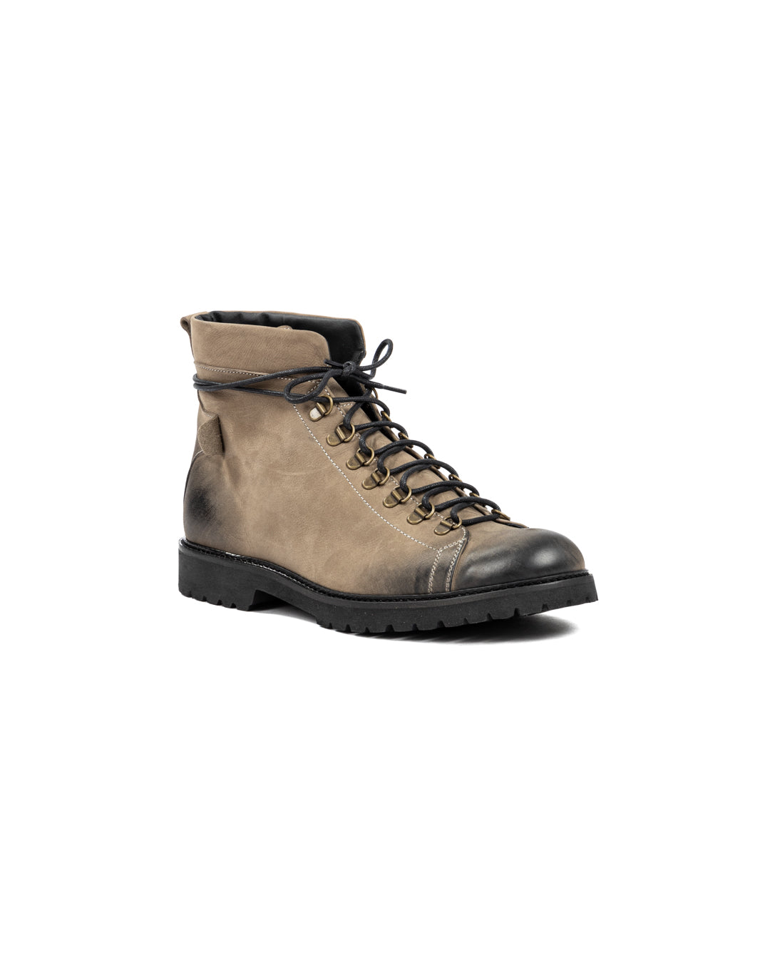 Taupe suede and black leather hiking boot with brass eyelets, black laces, and rugged sole.