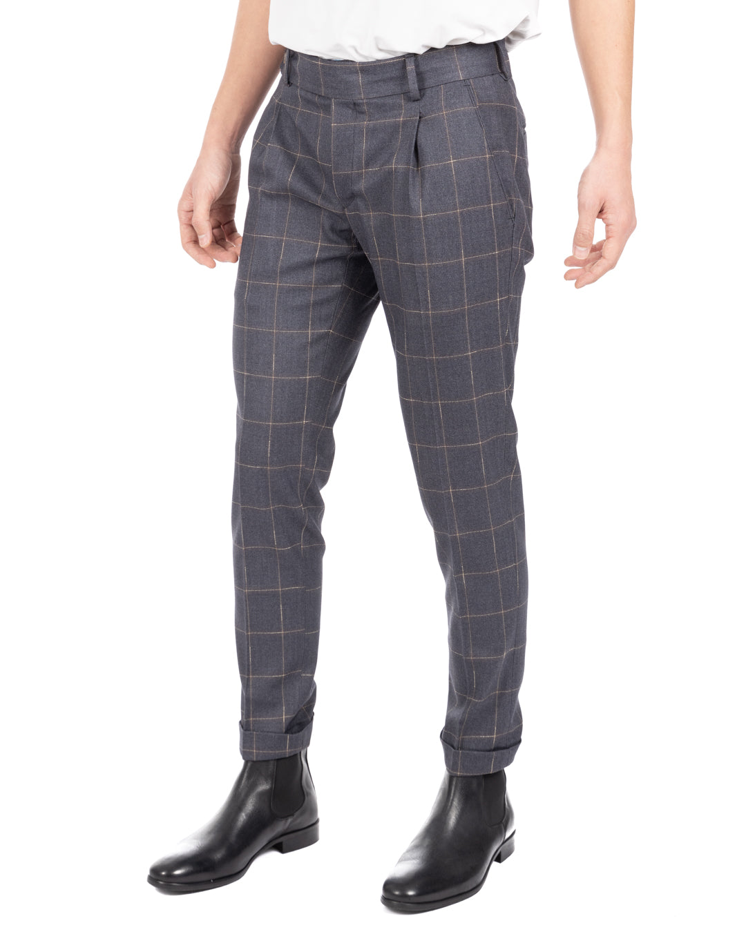 Men's blue-gray windowpane check pleated wool trousers with buttoned side adjusters and cuffed hems, front view