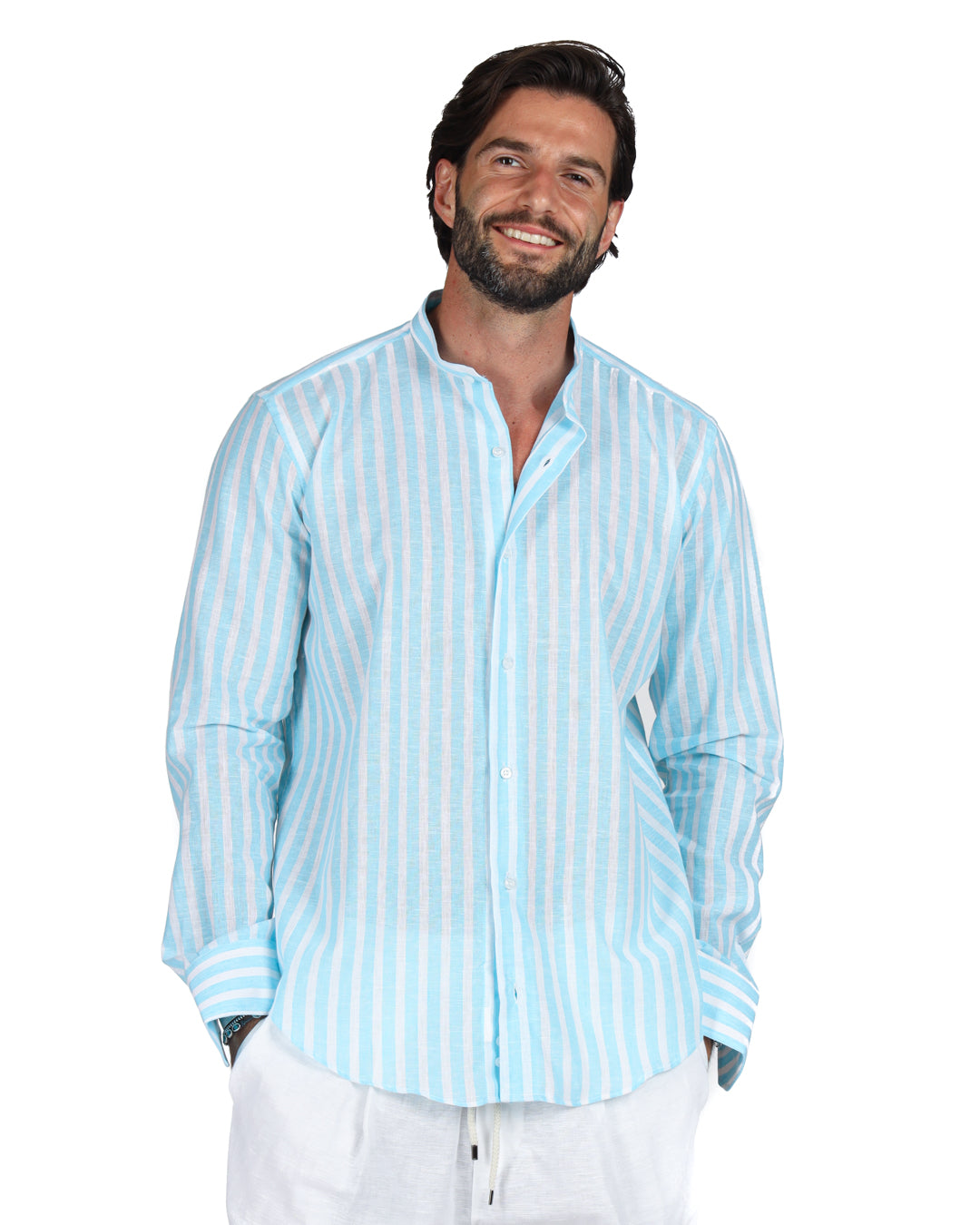 Men's light blue and white striped linen shirt with mandarin collar, long sleeves, button front.