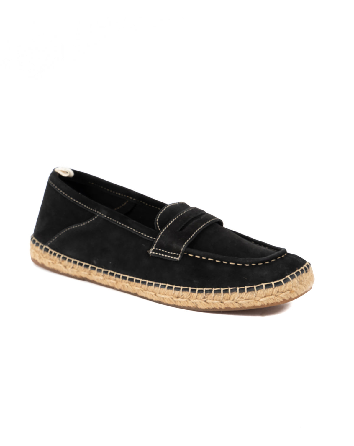 Black suede penny loafer espadrille with cream stitching on a woven jute sole, shown at an angle