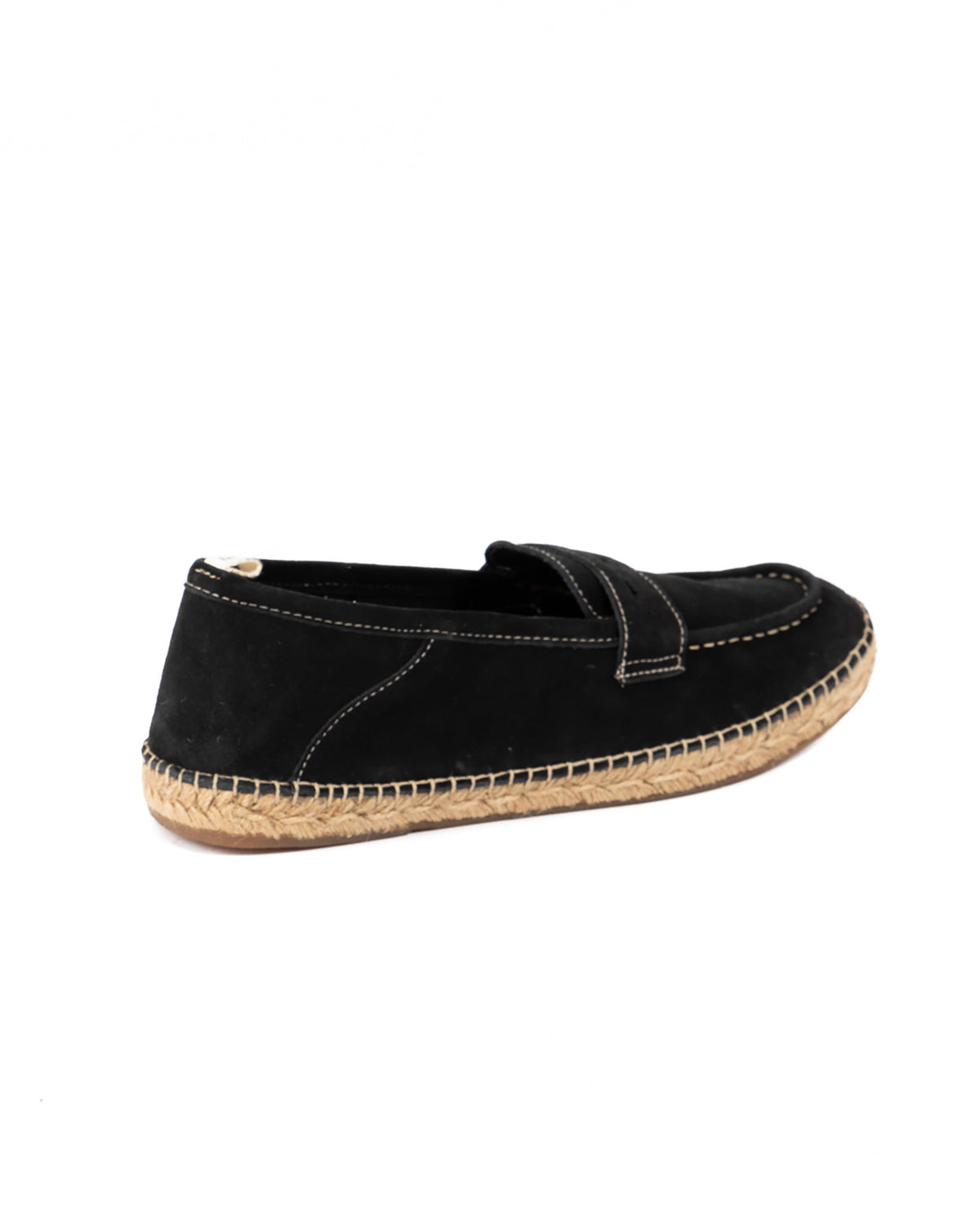 Black suede penny loafer espadrille with jute sole, shown from the heel side