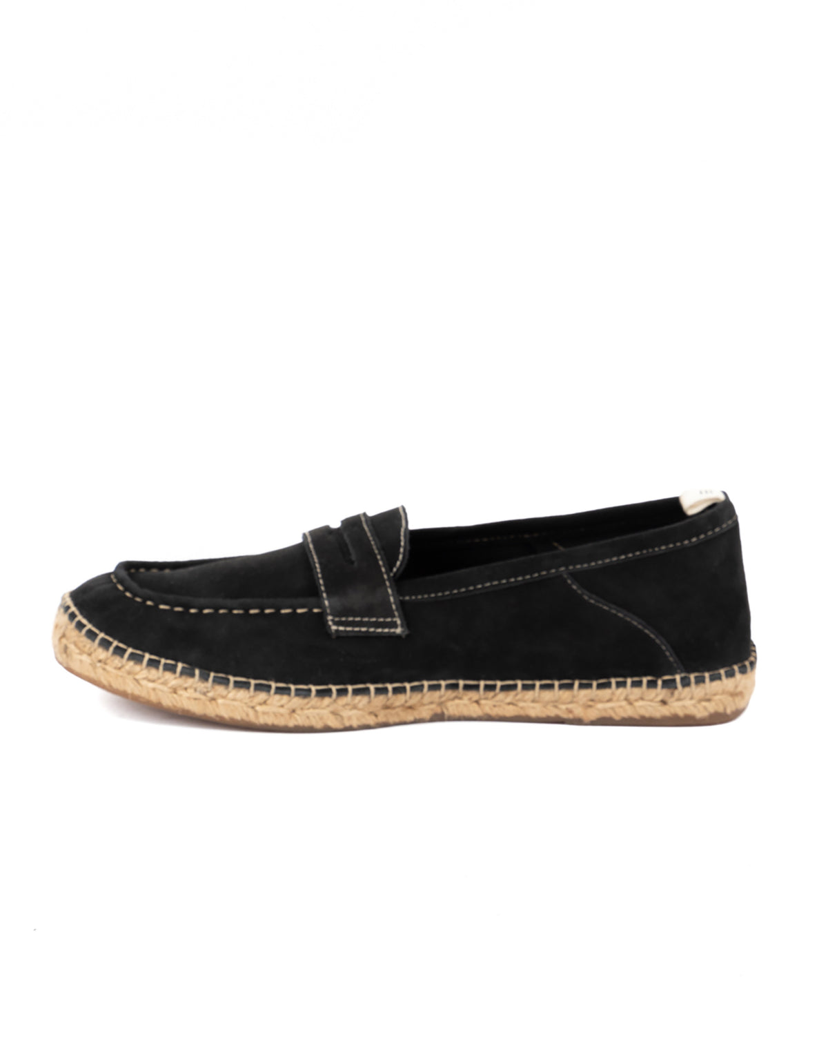 Black suede penny loafer espadrille with saddle strap and braided sole, shown in reverse profile