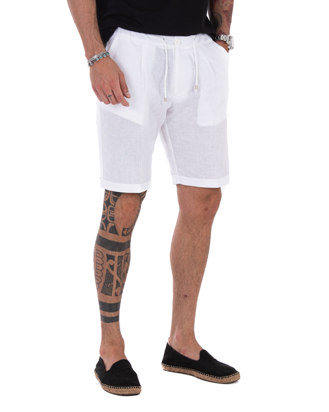 Men's white linen drawstring shorts with elastic waist, side pockets, and cuffed hem for summer casual wear.