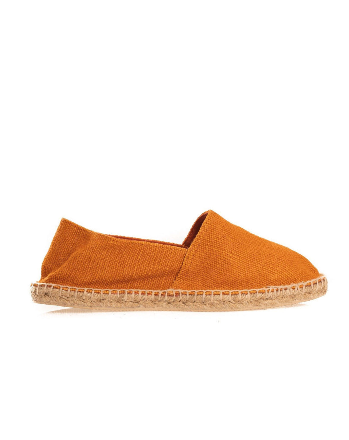 Orange canvas espadrilles with braided jute sole, perfect for casual summer outfits.