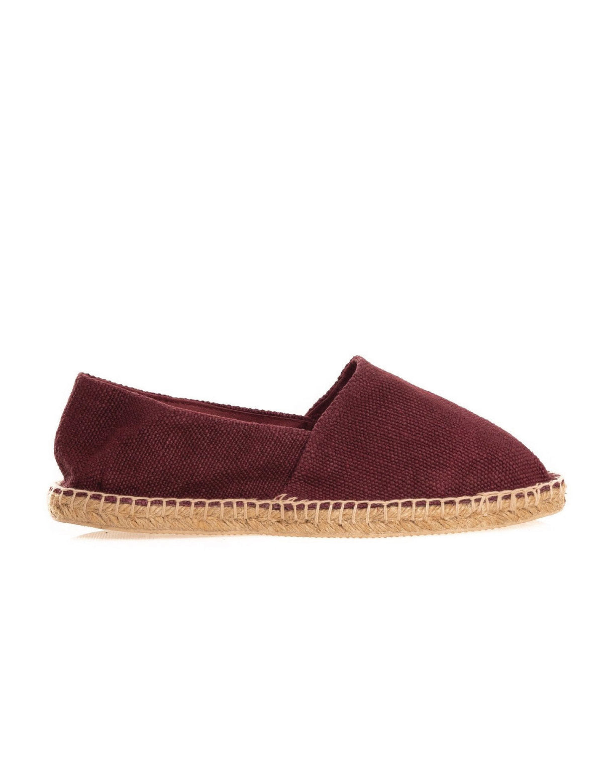 Burgundy canvas espadrille slip-on shoe with natural jute rope sole, casual flat footwear style