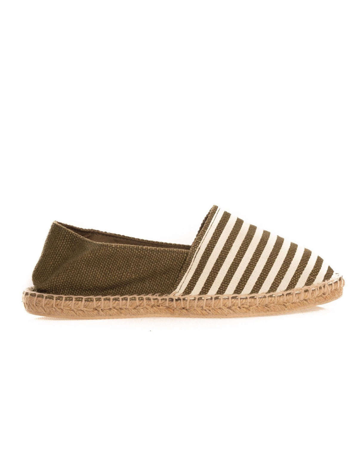 Olive green and white striped canvas espadrille slip-on shoe with jute sole